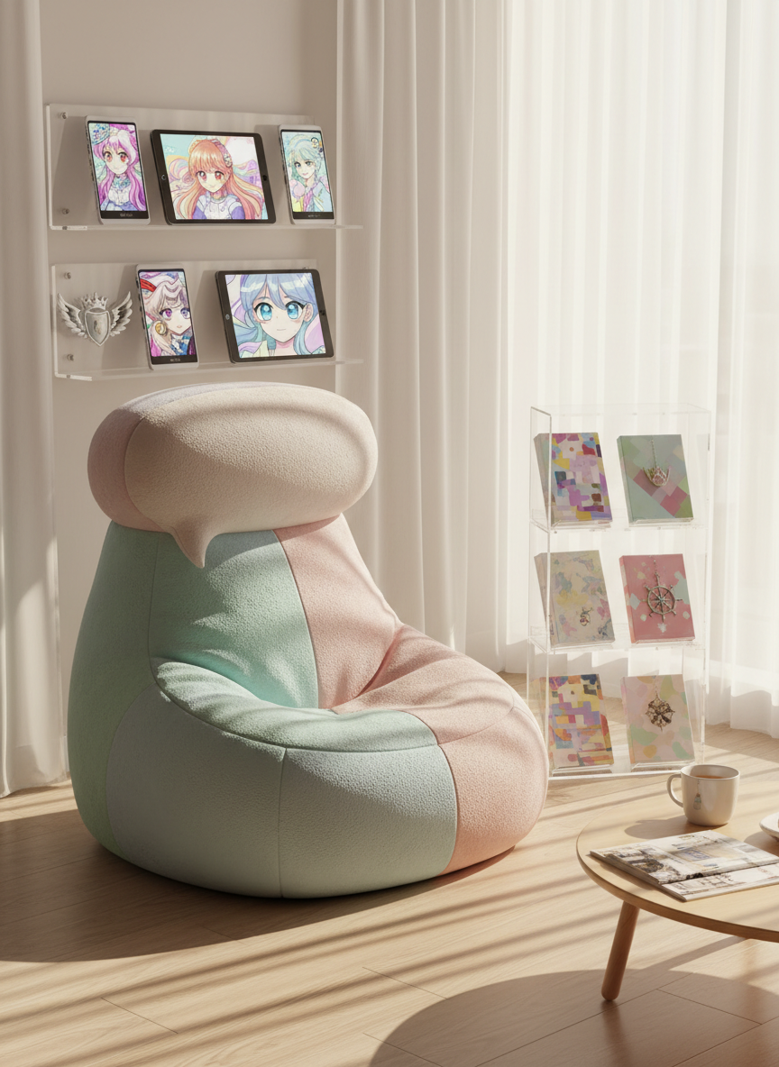 A cozy reading nook dedicated to K-webtoons and K-pop fandom, built around a plush beanbag chair shaped like an oversized pastel speech bubble, surrounded by floating wall shelves holding neatly arranged tablets and e-readers displaying stylized, text-free webtoon covers. Nearby, a transparent acrylic display case showcases K-pop album-inspired boxes without logos, accented by metallic charms referencing Cortis and Ateez motifs. Late-afternoon golden light filters through sheer curtains, casting soft, elongated shadows and a warm glow on the light wood floor. Photographed at a wide, eye-level angle with moderate depth of field, the scene feels playful and inviting, a perfect space for deep-dive analysis and bias-specific browsing.