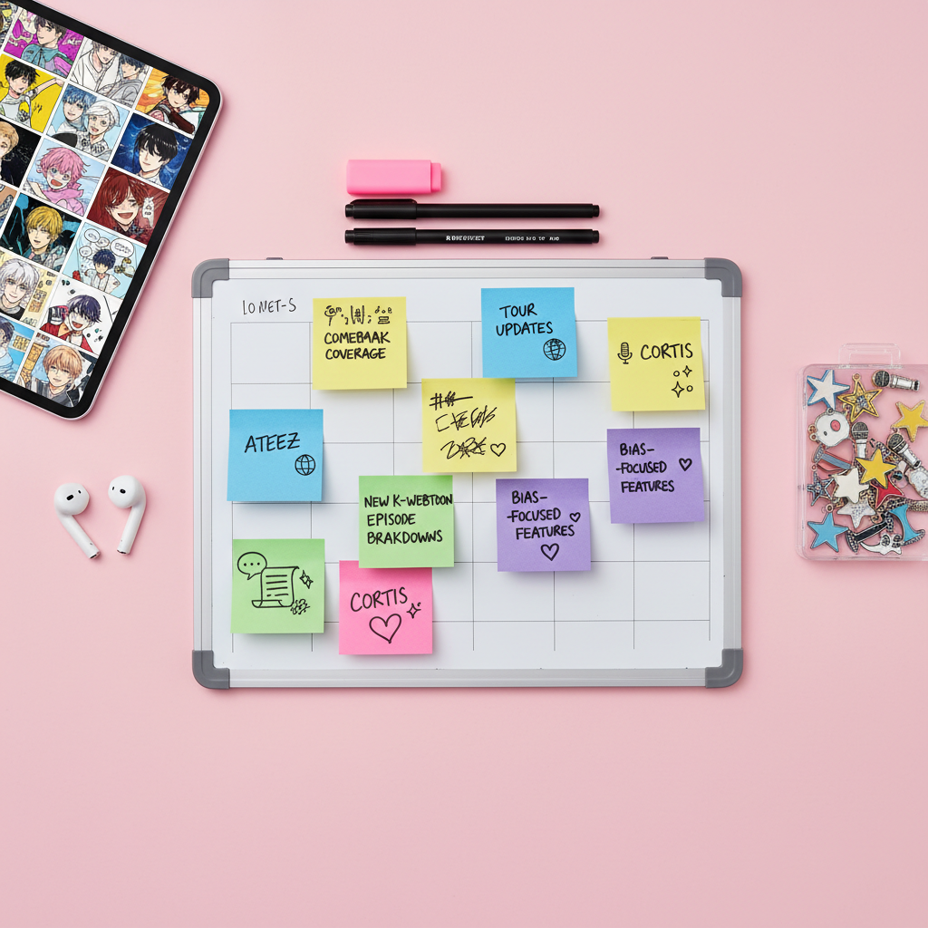 A dramatic flat lay of a content-planning board for a K-pop and K-webtoon blog, arranged on a smooth pastel pink surface. Color-coded sticky notes with abstract scribbles and icons represent upcoming posts: Cortis comeback coverage, Ateez tour updates, new K-webtoon episode breakdowns, and bias-focused features. Around the board lie a pair of wireless earbuds, a sleek tablet with a mosaic of comic-style panels, and a small transparent box filled with glittering enamel charms shaped like microphones, stars, and stylized character silhouettes. Soft, diffused studio lighting minimizes harsh shadows and makes colors pop. Shot from a bird’s-eye view in clean photographic realism, the mood is organized yet energetic, conveying constant, playful news flow.