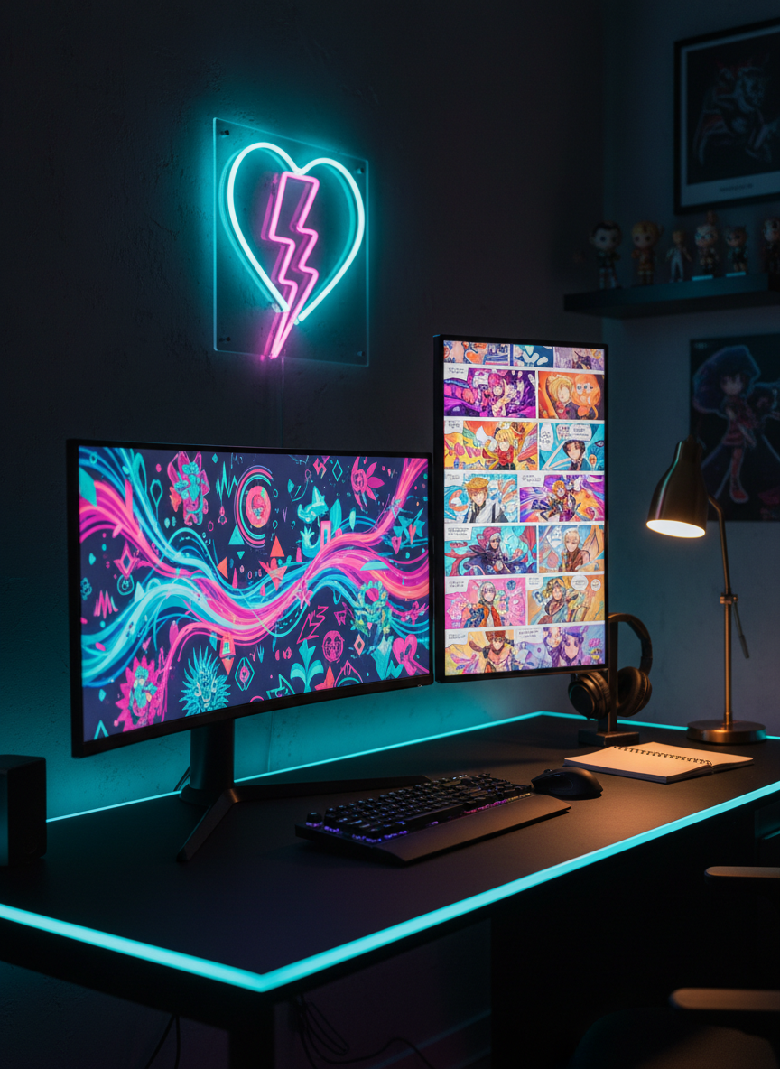 A dual-monitor desktop setup where one ultrawide screen shows a vibrant audio-wave visualization and abstract album art inspired by Cortis and Ateez, while the second vertical screen displays a long scroll of colorful K-webtoon panels, all clean of readable text or real faces but rich in dynamic composition. A subtle neon sign shaped like a heart and lightning bolt glows on the wall behind, reflecting faintly on the glossy black desk. Cool-toned LED backlighting in cyan and magenta outlines the monitors, contrasting with the warm, focused task light on the keyboard and notebook. Captured in photographic realism from a three-quarter angle, with crisp focus and gentle background blur, the scene feels techy, up-to-the-minute, and fan-obsessed.