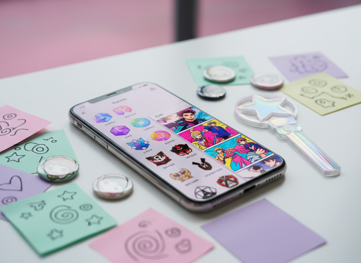 A glossy smartphone screen displaying a stylized K-pop news dashboard without readable text, with colorful geometric icons hinting at groups like Cortis and Ateez, and a separate tab showing bold K-webtoon panels in vibrant comic colors. The phone rests on a clean white desk scattered with pastel sticky notes covered in abstract symbols, enamel bias-themed pins, and a shimmering holographic lightstick silhouette. Soft, cool daylight from an unseen window creates gentle reflections on the screen and subtle shadows. Shot from a slightly elevated angle in crisp photographic realism, with a shallow depth of field that blurs the background into soft pink and violet hues, creating a playful, energetic mood perfect for a fan-friendly blog homepage hero image.