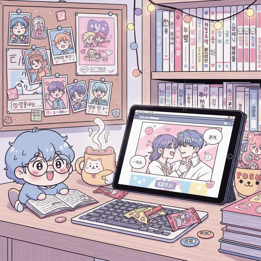 A vibrant manhwa-style 2D illustration of a cozy fan's desk with a tablet showing a webtoon panel open, K-pop photocards pinned to a corkboard