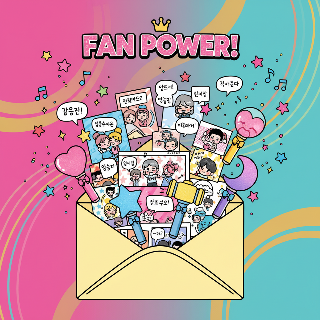 A cheerful manhwa-style 2D illustration of an envelope overflowing with webtoon panels, K-pop lightsticks, and star confetti