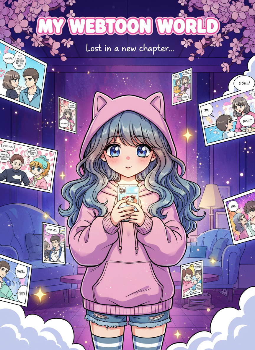 A tall manhwa-style 2D illustration panel of a cute illustrated girl character reading a webtoon on her phone, surrounded by floating comic panels and sparkles