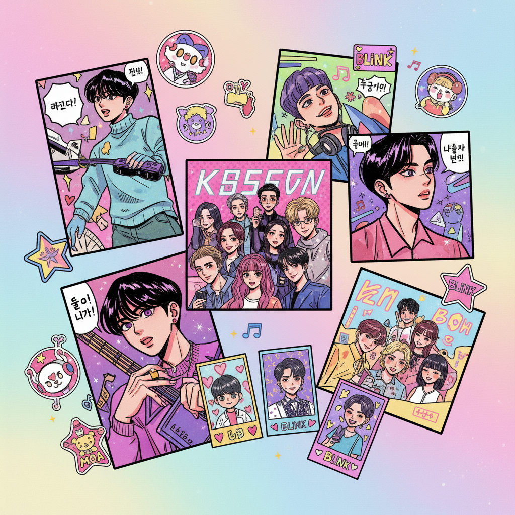 A stylized 2D manhwa illustration of a flat lay scene with webtoon art prints, K-pop album covers, photocards, and decorative stickers