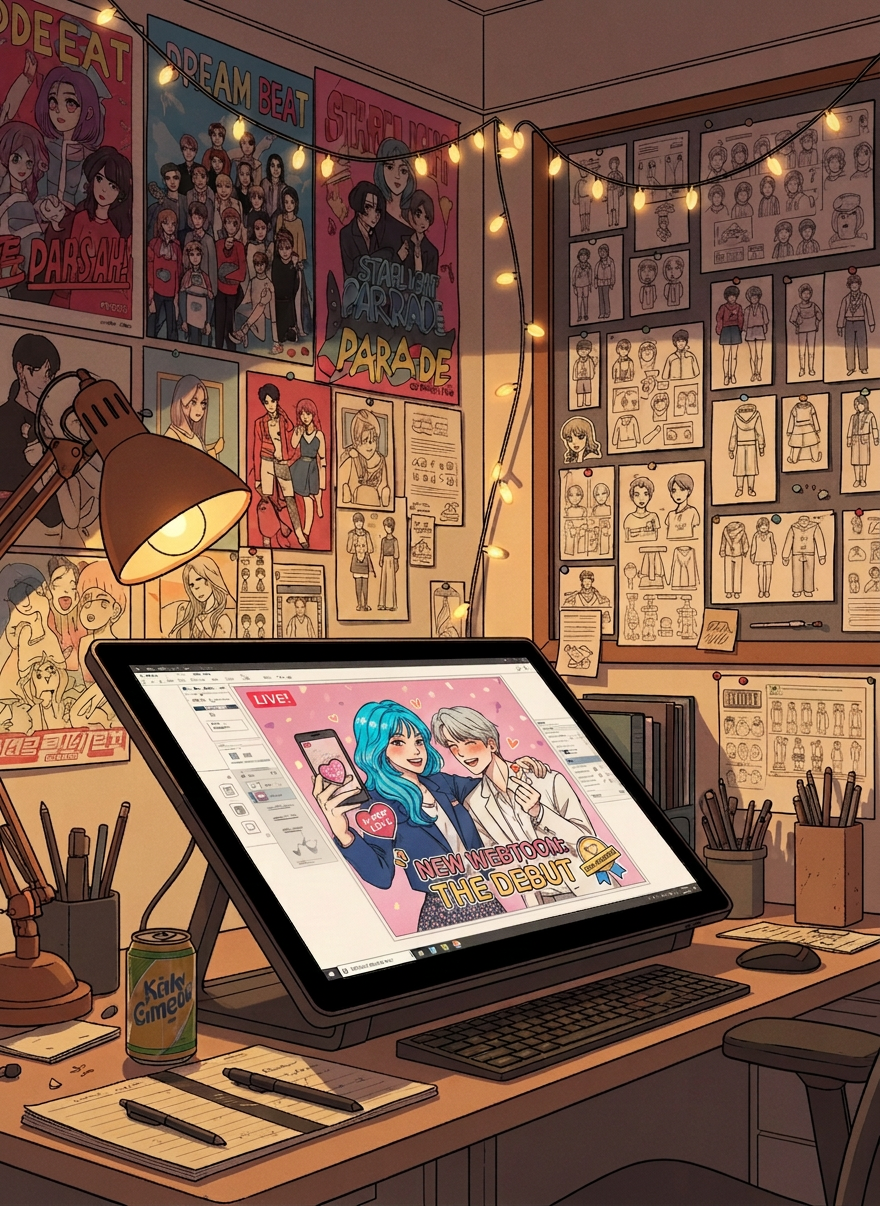 Gallery 3 - Webtoon Creator Studio A tall manhwa-style 2D illustration of a webtoon artist's creative studio with a drawing tablet showing a panel in progress, surrounded by K-pop posters on the walls, a mood board of webtoon characters, and warm glowing lighting. Vibrant, illustrative, bold linework, webtoon aesthetic. Portrait orientation.